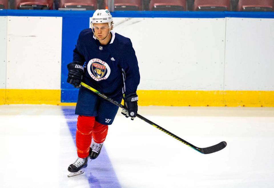 Florida Panthers defenseman Riley Stillman (61) skates during the first practice of training camp in preparation for the 2020-21 NHL season at the BB&T Center on Monday, January 4, 2021 in Sunrise.