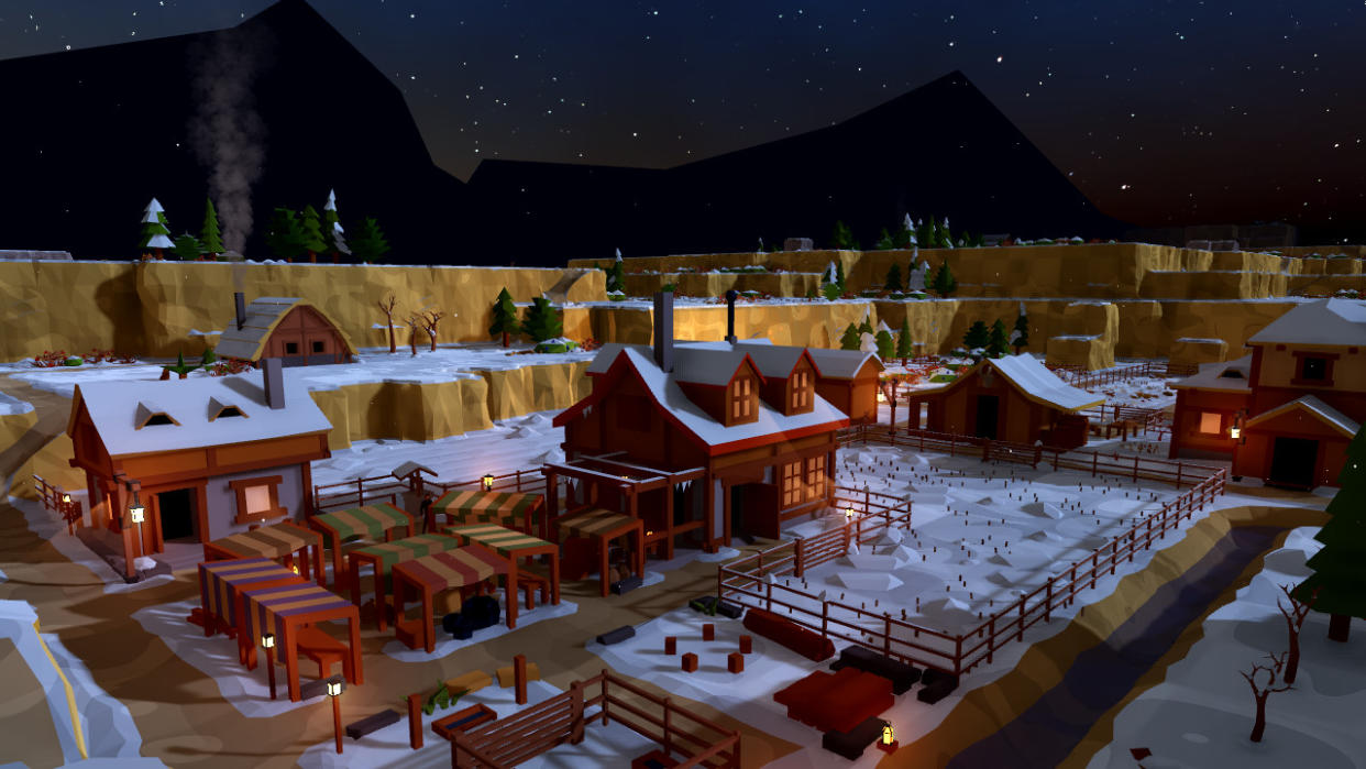  A snow covered pasture and village from city building game Of Life and Land rendered in a low-poly style with pastel colors. 