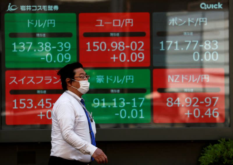 FILE PHOTO: A man walks past an electric monitor displaying the Japanese yen exchange rate against the U.S. dollar, Euro and other foreign currencies outside a brokerage in Tokyo