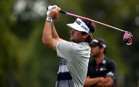 Aug 27, 2015; Edison, NJ, USA; Bubba Watson hits his shot at the 8th tee during the first round of The Barclays at Plainfield Country Club. Eric Sucar-USA TODAY Sports