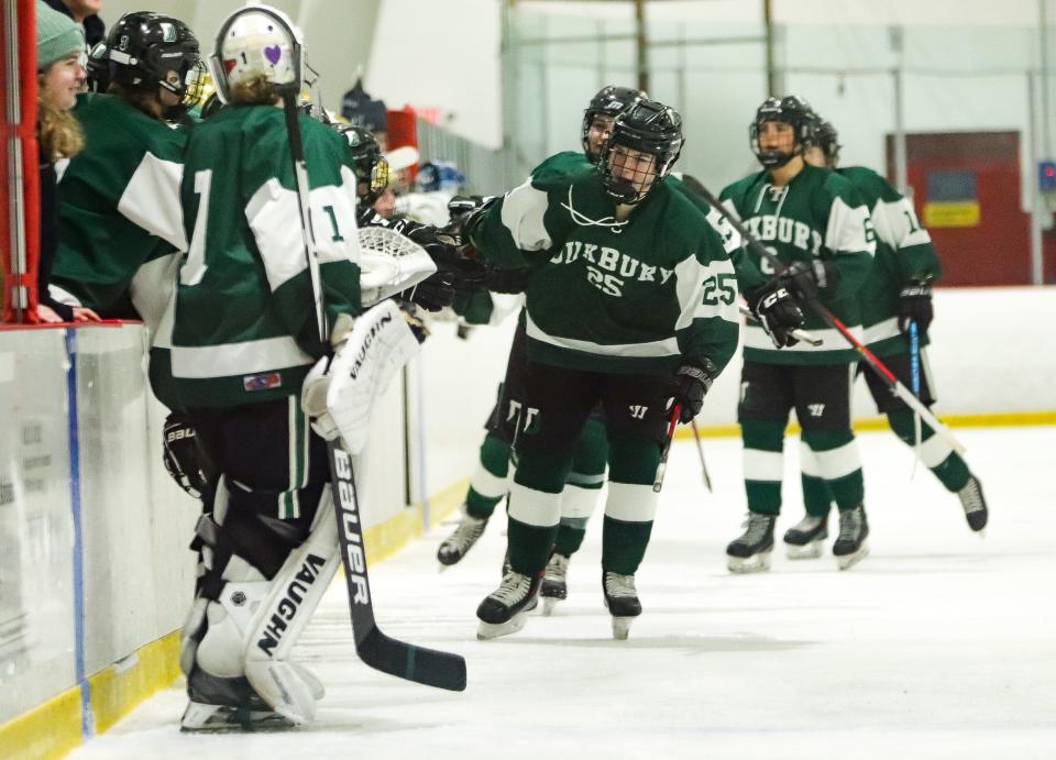 Duxbury's Megan Carney high-fives teammates after scoring a goal during a game against Archbishop Williams at Canton Sportsplex on Saturday, Feb. 4, 2023.