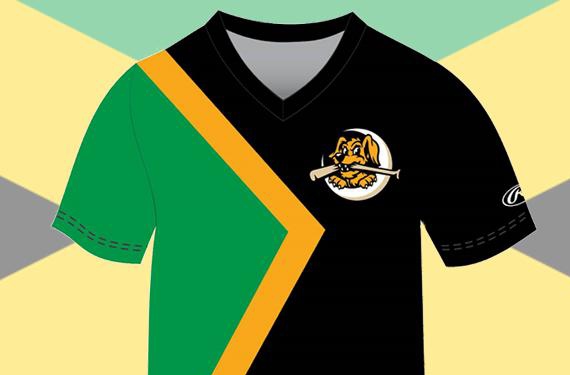 The Charleston RiverDogs will be wearing this uniform on May 3 for Jamaican Bobsled Night. (SportsLogos.net)