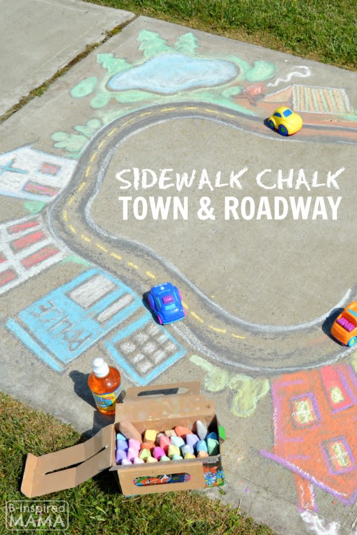 <p>Use sidewalk chalk to create a fanciful roadway or track; let your kiddos envision the details however they like. Not just a fun treat for passersby on the sidewalk, this idea is interactive too: Zoom around the track using toy cars, trains, or little feet.</p><p><em><a href="https://b-inspiredmama.com/sidewalk-chalk-art-town/#_a5y_p=5459000" rel="nofollow noopener" target="_blank" data-ylk="slk:Get the tutorial from B-Inspired Mama »;elm:context_link;itc:0;sec:content-canvas" class="link ">Get the tutorial from B-Inspired Mama »</a></em></p>