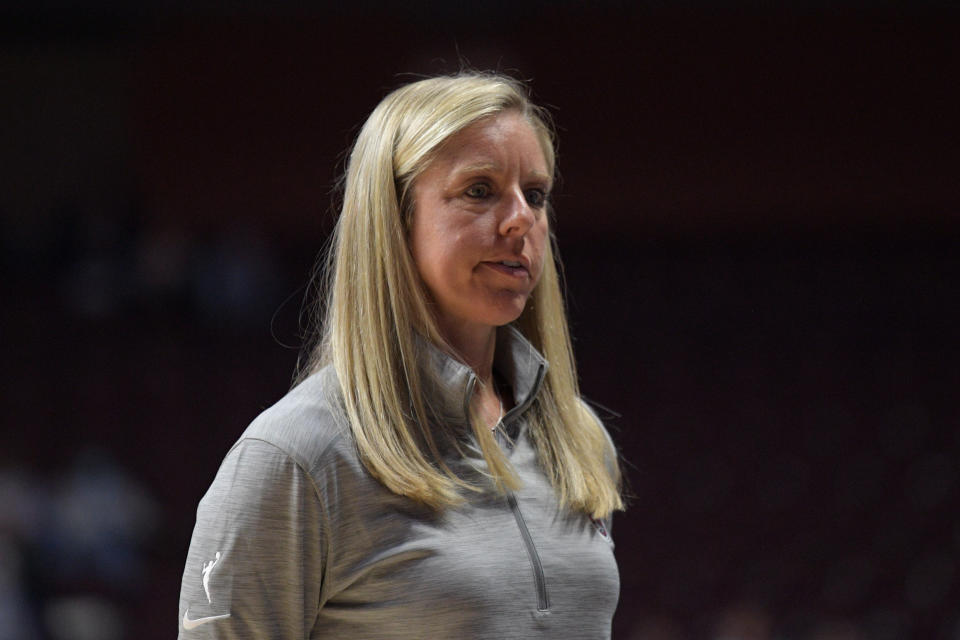 Atlanta Dream assistant coach Christie Sides looks on during a timeout of a WNBA preseason game in May.  (Erica Denhoff/Icon Sportswire via Getty Images)