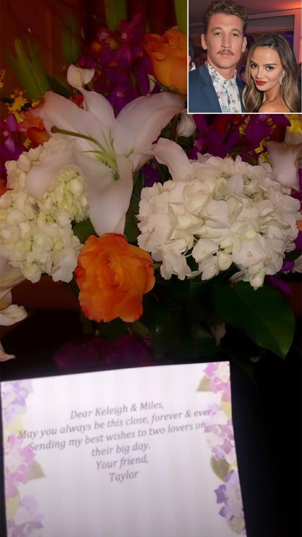 The <em>Divergent</em> actor and his model love tied the knot in Hawaii over Labor Day weekend 2019, and though pal Swift wasn't there to celebrate with them, she was there in spirit thanks to a floral arrangement and sweet note that quoted lyrics from her latest single, "Lover." "May you always be this close, forever & ever. Sending my best wishes to to two lovers on their big day. Your friend, Taylor," she wrote.