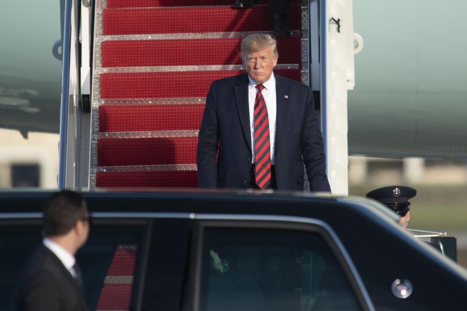 President Donald Trump walks from Air Force One at Andrews Air Force Base, Md., as he arrives following a trip to Chicago to attend the International Association of Chiefs of Police Annual Conference and Exposition, Monday, Oct. 28, 2019. (AP Photo/Kevin Wolf)