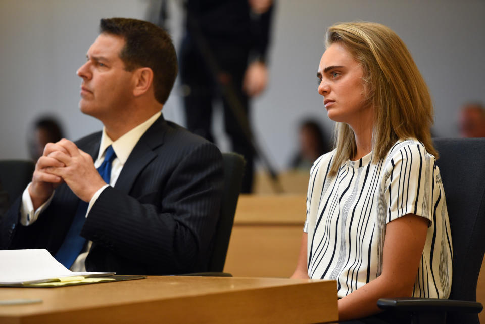 (Taunton, MA  06/05/17)  Attorney Joseph Cataldo appears with client Michelle Carter at Taunton Court on Monday, June 05, 2017 Staff Photo by Faith Ninivaggi (Photo by FAITH NINIVAGGI/MediaNews Group/Boston Herald via Getty Images)