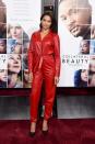 <p>The model bravely chose a red leather jumpsuit and made it work. <i>[Photo: Getty]</i> </p>