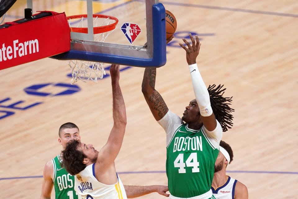 Boston Celtics center Robert Williams III (44) shoots against Golden State Warriors forward Nemanja Bjelica (8) in the second quarter during game two of the 2022 NBA Finals at Chase Center.