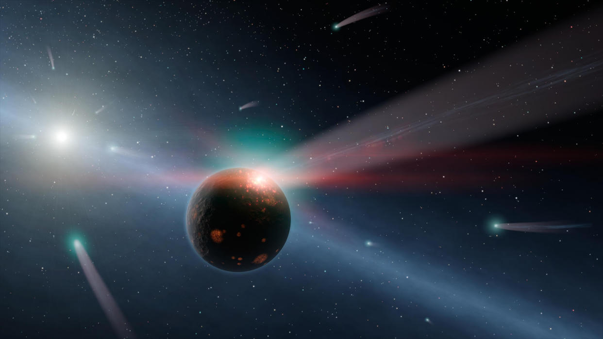  This artist conception illustrates a storm of comets around a star near our own, called Eta Corvi. Evidence for this barrage comes from NASA Spitzer Space Telescope infrared detectors. 
