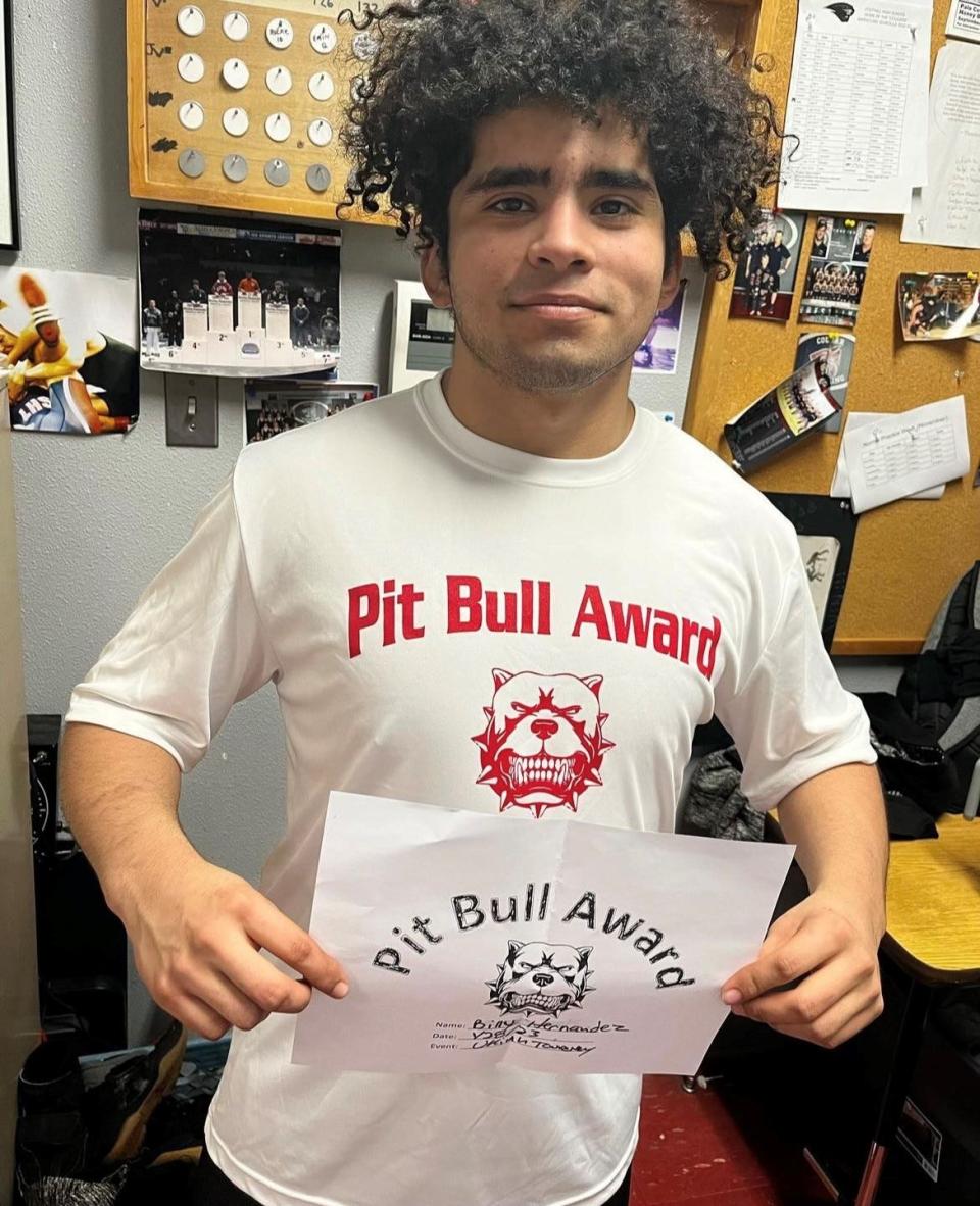 Foothill sophomore Billy Hernandez is seen winning the school wrestling program's "Pit Bull Award" on Monday after winning the 152-pound title at the Eastern Athletic League Championships on Saturday, Feb. 5, 2023.