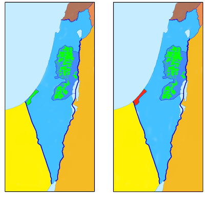 Mapas del Estado de Israel y Palestina. El de la izquierda es de 1994, tras los Acuerdos de Oslo. En azul claro, el Estado de Israel; en azul oscuro, los territorios de Cisjordania ocupados de forma ilegal por Israel, y en verde los territorios palestinos controlados por la ANP. En el de la derecha, de 2007, se ve cómo la Franja de Gaza, en rojo, ya no está controlada por la OLP sino por Hamás. <a href="https://commons.wikimedia.org/wiki/File:Palestine-Israel_Historic_Borders_Over_Time.png" rel="nofollow noopener" target="_blank" data-ylk="slk:איתמראשפר / Wikimedia Commons;elm:context_link;itc:0;sec:content-canvas" class="link ">איתמראשפר / Wikimedia Commons</a>, <a href="http://creativecommons.org/licenses/by-sa/4.0/" rel="nofollow noopener" target="_blank" data-ylk="slk:CC BY-SA;elm:context_link;itc:0;sec:content-canvas" class="link ">CC BY-SA</a>