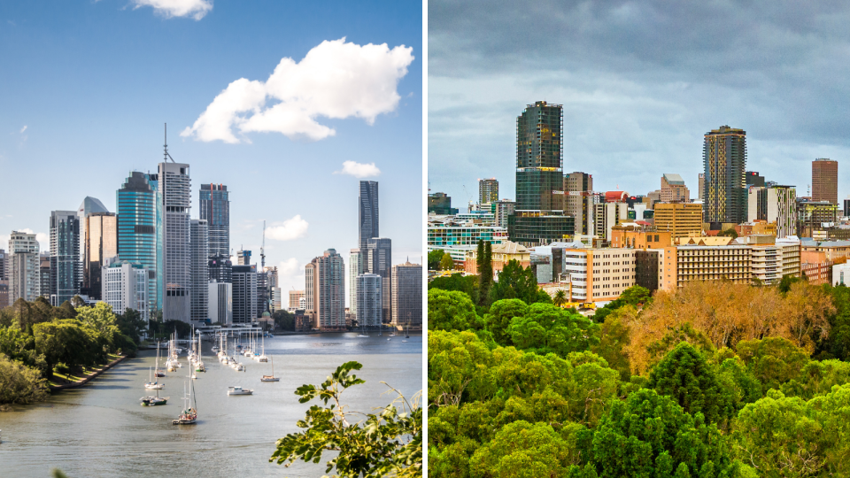 The city skylines of both Brisbane and Adelaide.