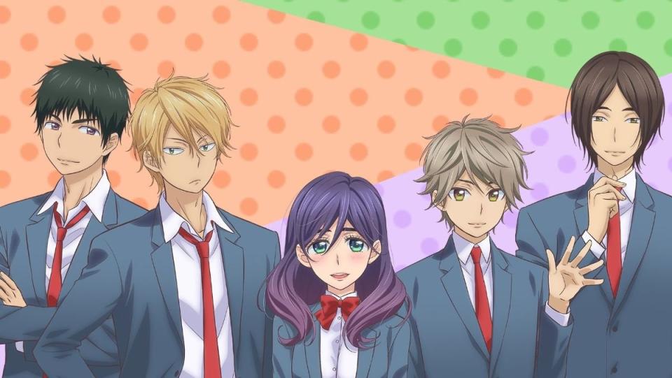 photo of all the main characters against a colorful background in kiss him not me reverese harem anime