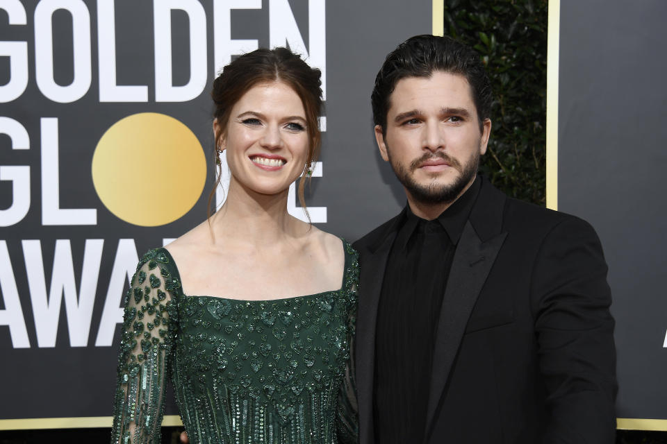 BEVERLY HILLS, CALIFORNIA - JANUARY 05: 77th ANNUAL GOLDEN GLOBE AWARDS -- Pictured: (l-r) Rose Leslie and Kit Harington arrive to the 77th Annual Golden Globe Awards held at the Beverly Hilton Hotel on January 5, 2020. -- (Photo by: Kevork Djansezian/NBC/NBCU Photo Bank via Getty Images)