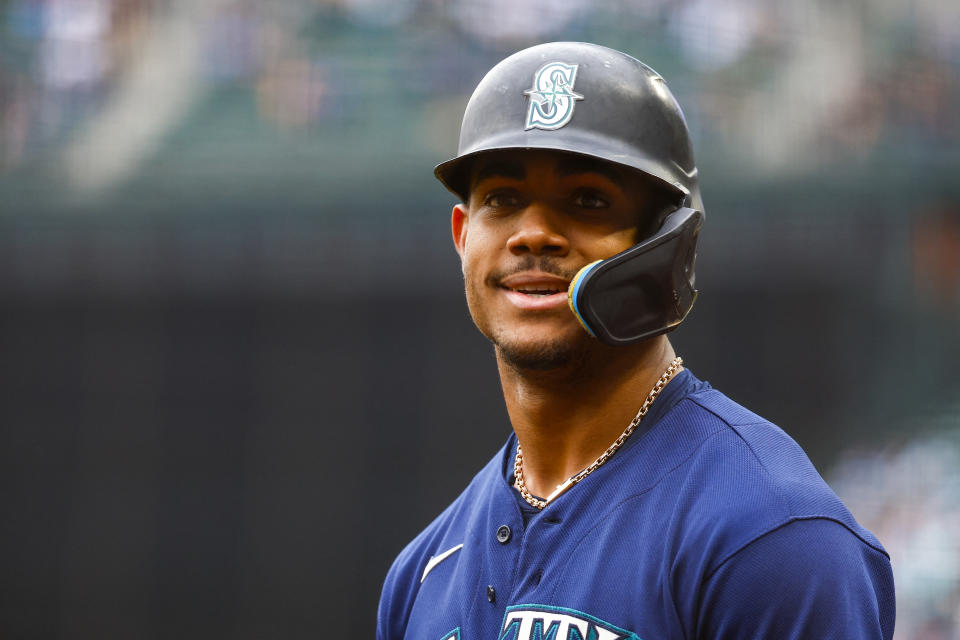 Oct 5, 2022;  Seattle, Washington, USA;  Seattle Mariners center fielder Julio Rodriguez (44) returns to the dugout after grounding out against the Detroit Tigers during the third inning at T-Mobile Park.  Mandatory Credit: Joe Nicholson-USA TODAY Sports