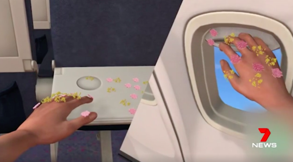 Plane seats, tray tables, window shades and toilet buttons all coated in germs. Source: 7 News