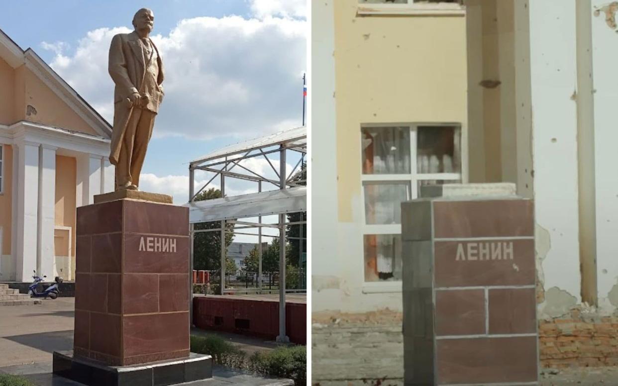 A statue of Lenin in Sudzha that appears to have been removed by Ukrainian troops