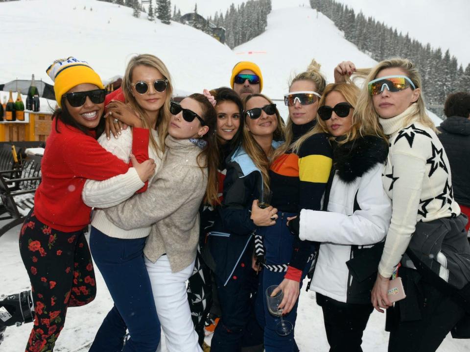 Emma Grede, Kelly Sawyer Patricof, Jamie Schneider Mizrahi, Nina Dobrev, Jennifer Meyer, Erin Foster, Rachel Zoe and Sara Foster attend a party in Aspen, Colorado, in 2019.