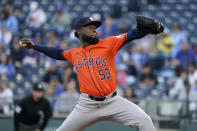 Houston Astros starting pitcher Cristian Javier throws against the Kansas City Royals in the first inning during a baseball game Tuesday, April 9, 2024, in Kansas City, Mo. (AP Photo/Ed Zurga)