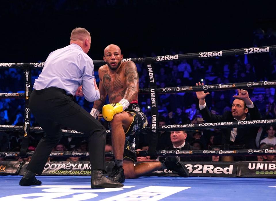 Lyndon Arthur fails to meet the count after being knocked down by Anthony Yarde (PA)