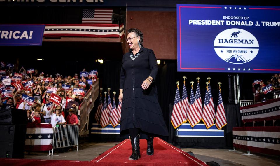 Harriet Hageman walks on stage to introduce former President Donald Trump