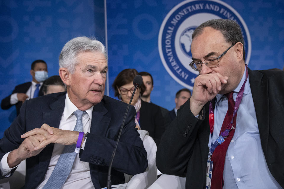 FTSE WASHINGTON, DC - OCTOBER 14: (L-R) Chair of the U.S. Federal Reserve Jerome Powell talks with Governor of the Bank of England Andrew Bailey during a meeting of the IMFC (International Monetary and Financial Committee) at the IMF and World Bank Annual Meetings at IMF headquarters, October 14, 2022 in Washington, DC. Secretary Yellen will hold a news conference and take questions later in the day. (Photo by Drew Angerer/Getty Images)