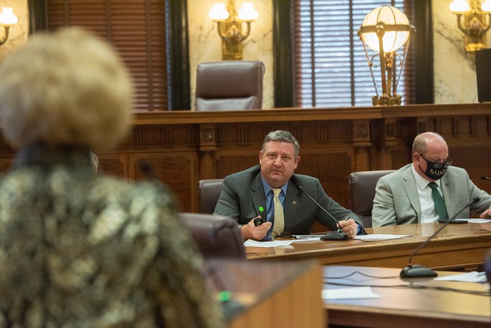 Senate Education Chairman Dennis DeBar Jr., R-Leaksville, asks a question of Mississippi State Superintendent of Education Carey Wright during an update of the Senate Education Committee on the impact of the coronavirus pandemic on K-12 schools during a hearing at the Capitol Wednesday, Jan. 6, 2021. On Saturday, the Senate voted to send a new funding formula to the governor's desk.