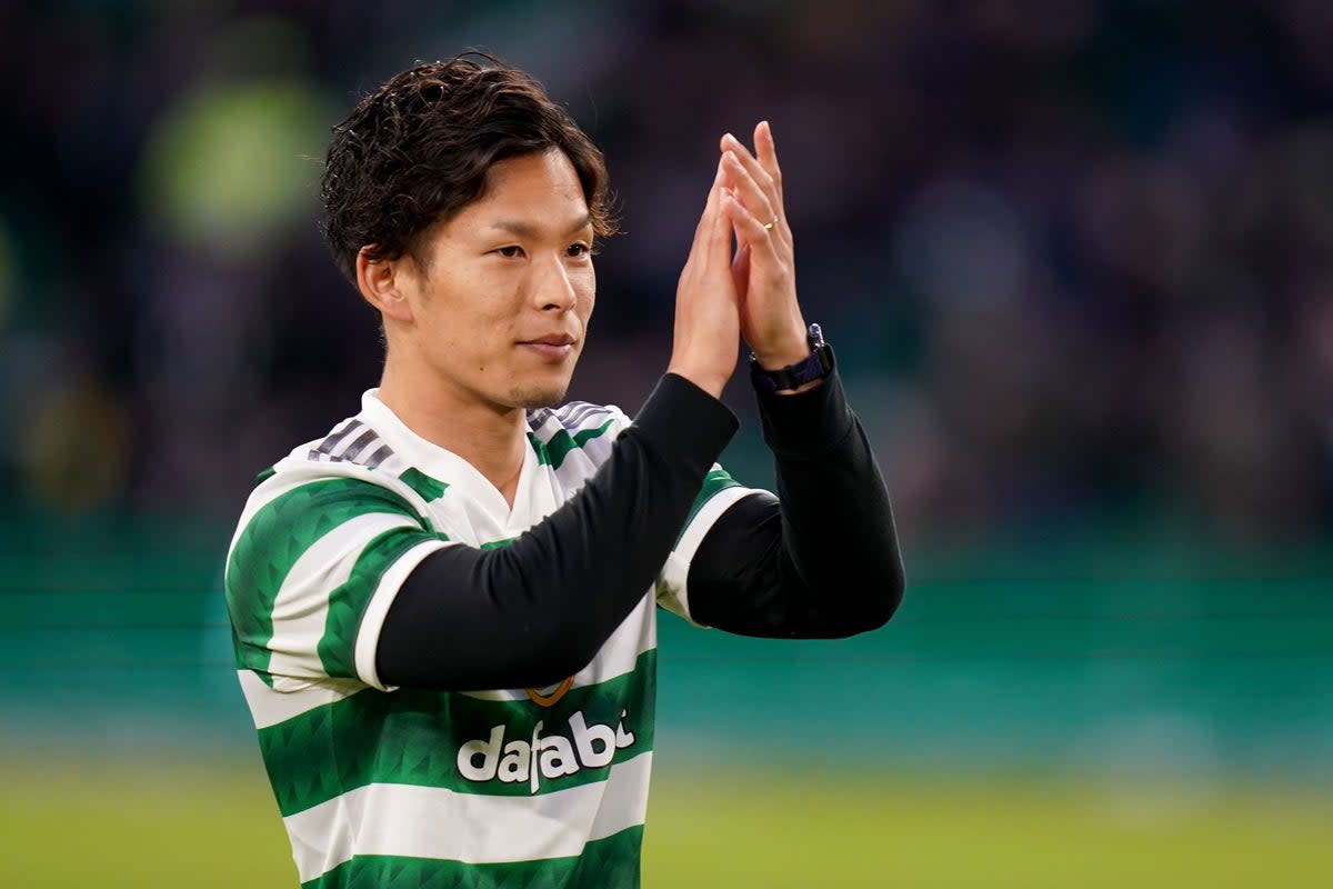 Celtic’s new signing Tomoki Iwata is unveiled on the pitch at half time during the cinch Premiership match at Celtic Park, Glasgow. Picture date: Saturday January 7, 2023. (PA Wire)