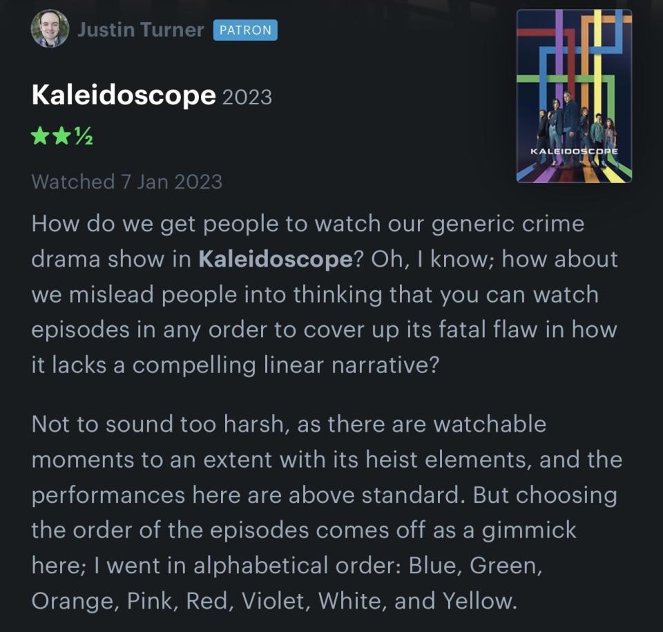 2.5 star review of Kaleidoscope