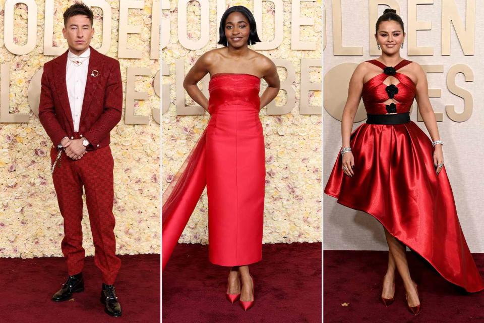 <p>Getty</p> Barry Keoghan, Ayo Edebiri and Selena Gomez in red at the 2024 Golden Globes