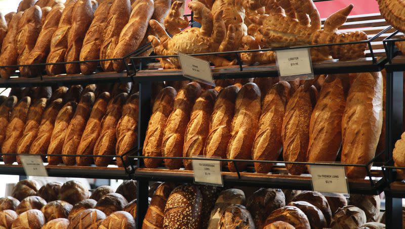 Loaves of sourdough bread are shown for sale at the flagship Boudin bakery at Fisherman’s Wharf in San Francisco, Wednesday, Feb. 4, 2009.