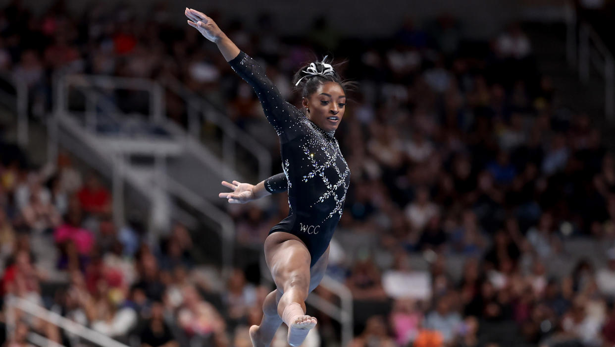 Simone Biles competes in the floor exercise on day four of the 2023 U.S. Gymnastics Championships at SAP Center on August 27, 2023 in San Jose, California