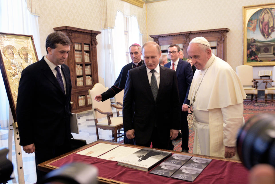 Pope Francis and Russian President Vladimir Putin, second left, on the occasion of their private audience at the Vatican, Thursday, July 4. 2019. (Alexei Druzhinin, Sputnik, Kremlin Pool Photo via AP)