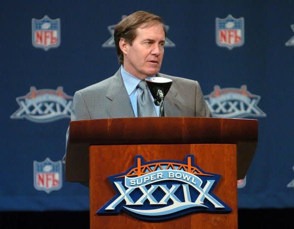 Bill Belichick, Head Coach of the New England Patriots, speaks at a Press Conference where Patriot wide receiver Deion Branch was awarded the Pete Rozelle Trophy for the Most Valuable Player Award for Super Bowl XXXIX. (Photo by Steve Grayson/Getty Images)