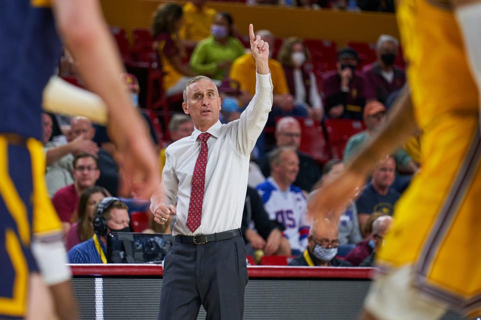 Mar 3, 2022; Tempe, Arizona, USA;  Arizona State Sun Devils head coach Bobby Hurley calls to his team from the sidelines at Desert Financial Arena.