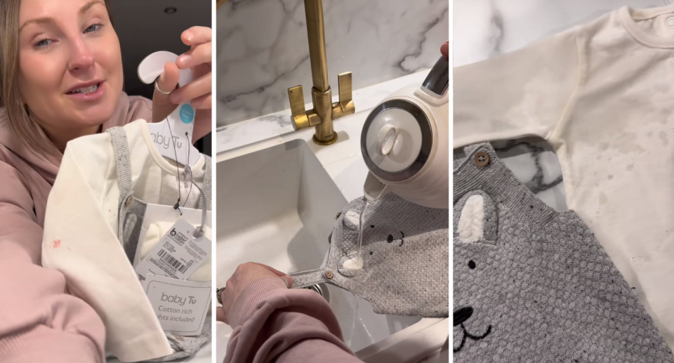 TikTok is buzzing over a mum’s genius use of boiling water to erase fruit stains from clothes. Photo: TikTok/@a_mothers_tale