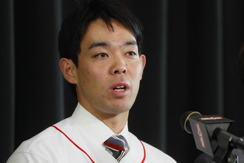 Cincinnati Reds outfielder Shogo Akiyama speaks during a news conference, Wednesday, Jan. 8, 2020, in Cincinnati. Outfielder Shogo Akiyama agreed to a $21 million, three-year deal with the Cincinnati Reds, the only major league team that hasn't had a player born in Japan. The 31-year-old center fielder was a five-time All-Star during his nine seasons with the Seibu Lions in Japan's Pacific League. (AP Photo/John Minchillo)