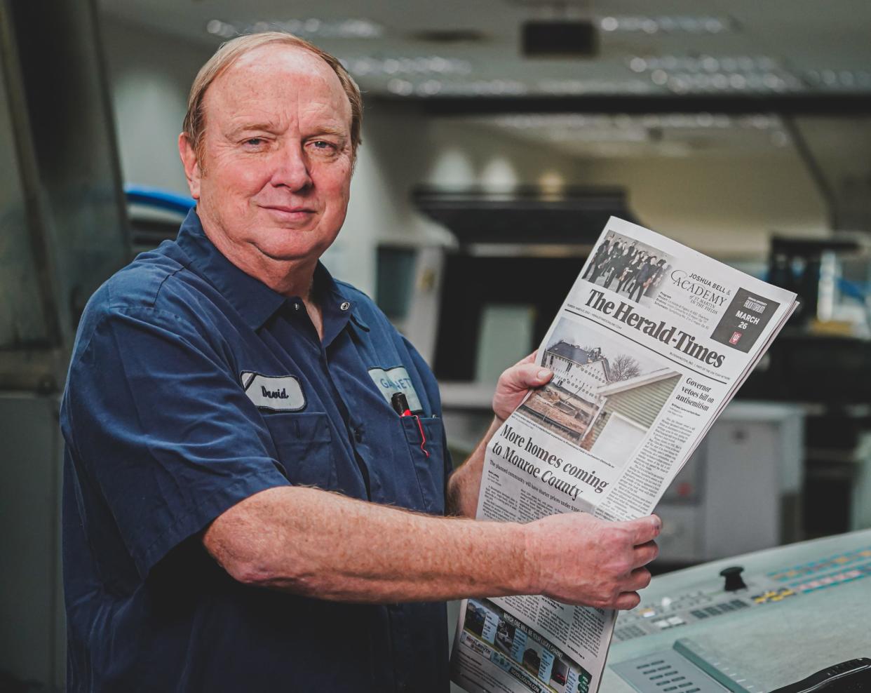 David Sullivan, a press operator who started in 1983 in the mailroom, is photographed at the Pulliam Production Center on Thursday, March 21, 2024.