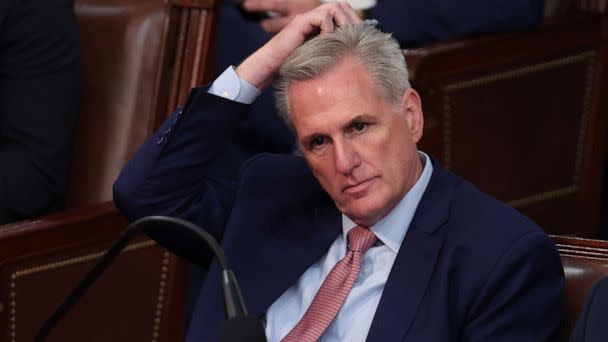 PHOTO: House Minority Leader Kevin McCarthy listens as Representatives cast their votes for Speaker of the House on the first day of the 118th Congress in the House Chamber of the U.S. Capitol, Jan. 3, 2023 in Washington. (Win Mcnamee/Getty Images)