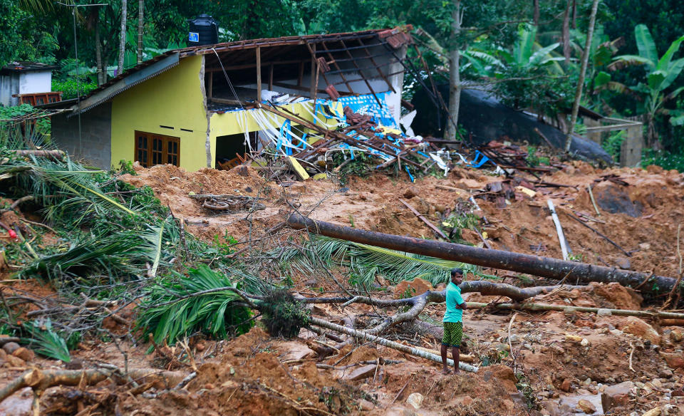 A mudslide survivor views damage