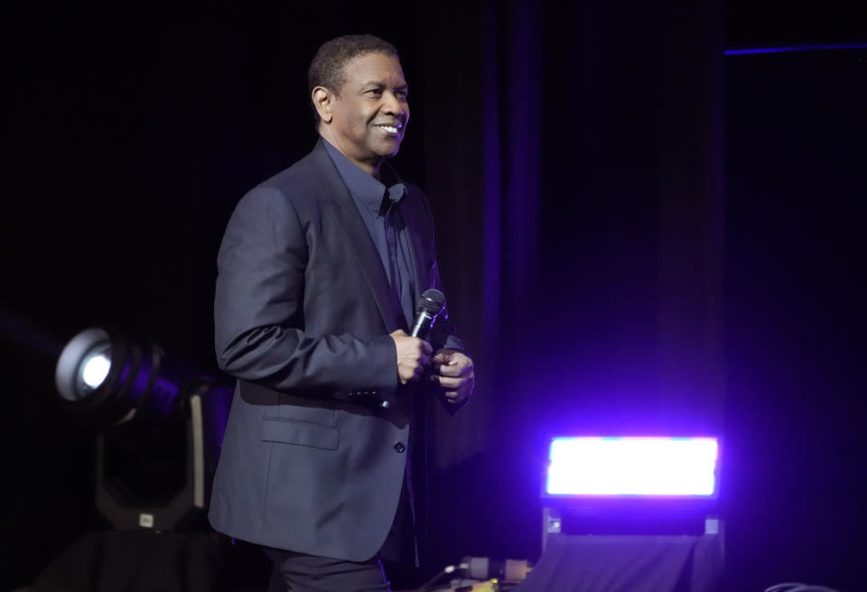 Actor Denzel Washington comes onstage to accept the CinemaCon Lifetime Achievement Award during the Sony Pictures presentation at CinemaCon 2023, the official convention of the National Association of Theatre Owners (NATO) at Caesars Palace, Monday, April 24, 2023, in Las Vegas. (AP Photo/Chris Pizzello)