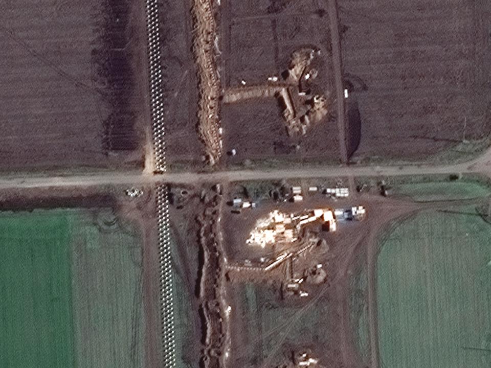 Close up of Russian trenches, fortifications, and tank obstacles in Velyka Blahovischenka, Ukraine, captured on November 15, 2022.