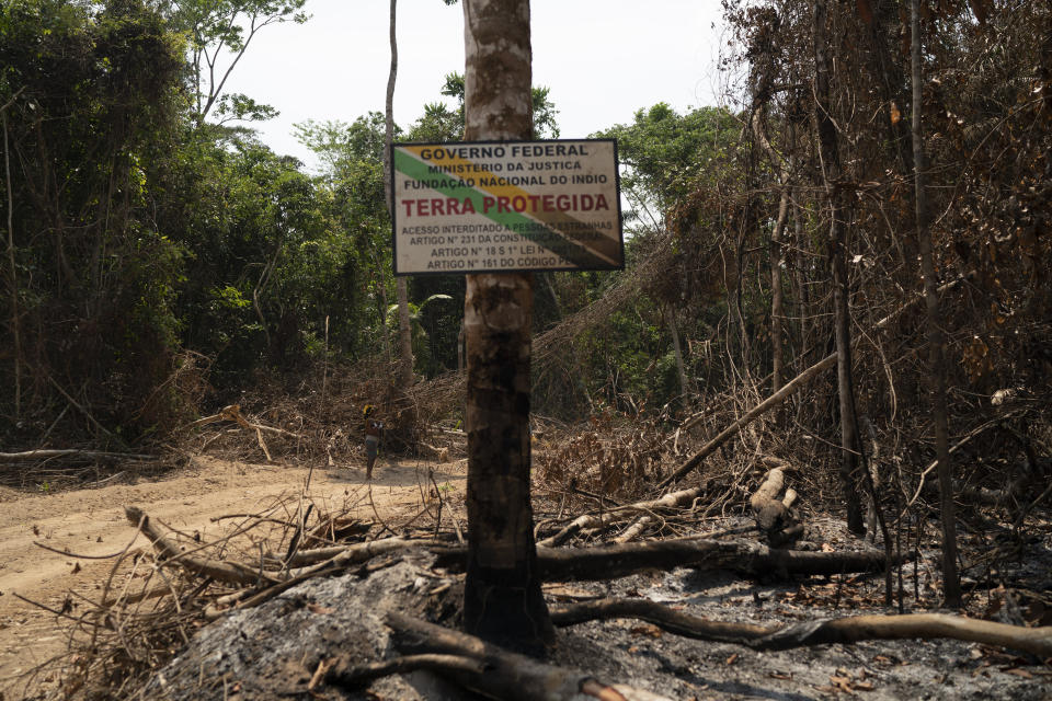 A sign reads in Portuguese "Protected area" on the border between Menkragnotire indigenous lands and the Biological Reserve Serra do Cachimbo in Altamira, in Para state, Brazil, Saturday, Aug. 31, 2019. Much of the deforestation in the Brazilian Amazon is done illegally -- land grabbers burn areas to clear land for agriculture and loggers encroach on national forests and indigenous reserves. (AP Photo/Leo Correa)