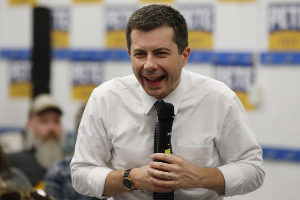 Democratic presidential candidate former South Bend, Ind., Mayor Pete Buttigieg laughs at a campaign event Saturday, Feb. 1, 2020 in Anamosa, Iowa (AP Photo/Sue Ogrocki)