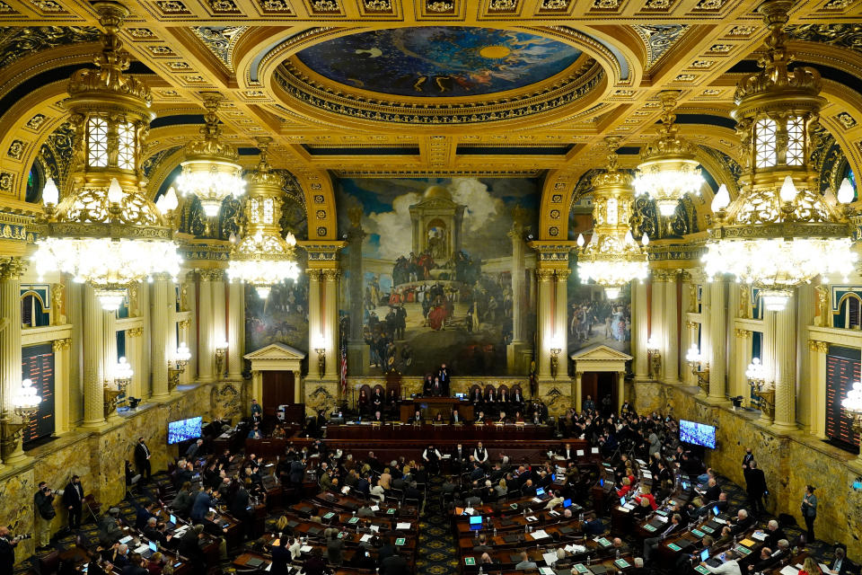 FILE - Democratic Gov. Tom Wolf delivers his budget address for the 2022-23 fiscal year to a joint session of the Pennsylvania House and Senate in Harrisburg, Pa., Tuesday, Feb. 8, 2022. More than one-quarter of state lawmakers whose seats are up for election across the U.S. are guaranteed to be gone from office next year — a statistic almost certain to grow when the votes are counted from the November general election. (AP Photo/Matt Rourke, File)