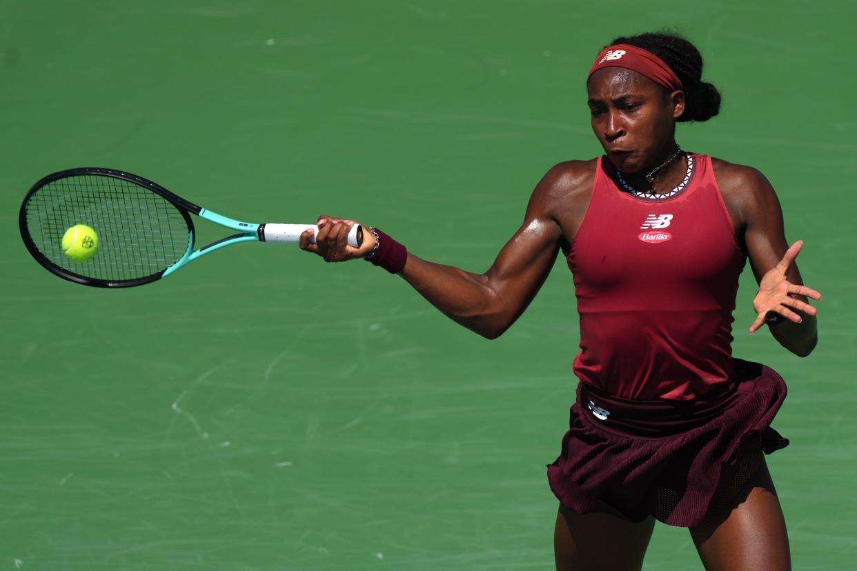 Delray Beach's Coco Gauff returns a shot to Karolina Muchova, of the Czech Republic, on Aug. 20 during the final of the Western & Southern Open in Mason, Ohio. Gauff won 6-3, 6-4.