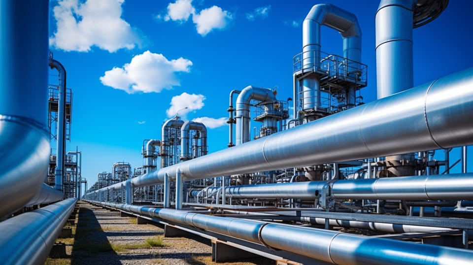 A completed pipeline of chemical fuels and intermediates with a bright blue sky in the background.