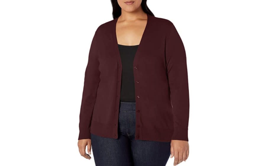 Amazon Essentials Women's Plus Size Lightweight Vee Cardigan Sweater in burgundy. (Image via Amazon)