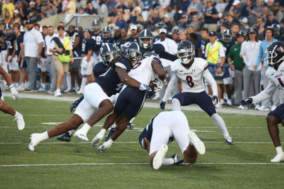 Georgia Southern's Jalen Jackson (40) makes a tackle on a Morgan State ballcarrier during their game Saturday night at Paulson Stadium in Statesboro.